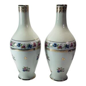 FM Limoges France Pair Floral Gold & White Porcelain Artistique Vases